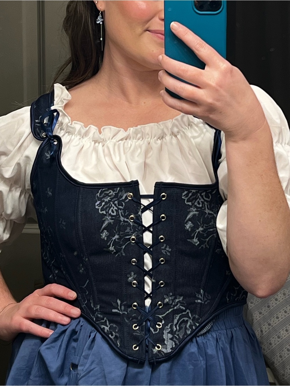 Handmade Navy Blue Corset Top, Renaissance Overbust, Front Lace Bustier - Picture 15 of 16